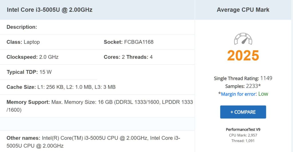 benchmarck Intel Core i3 5005U